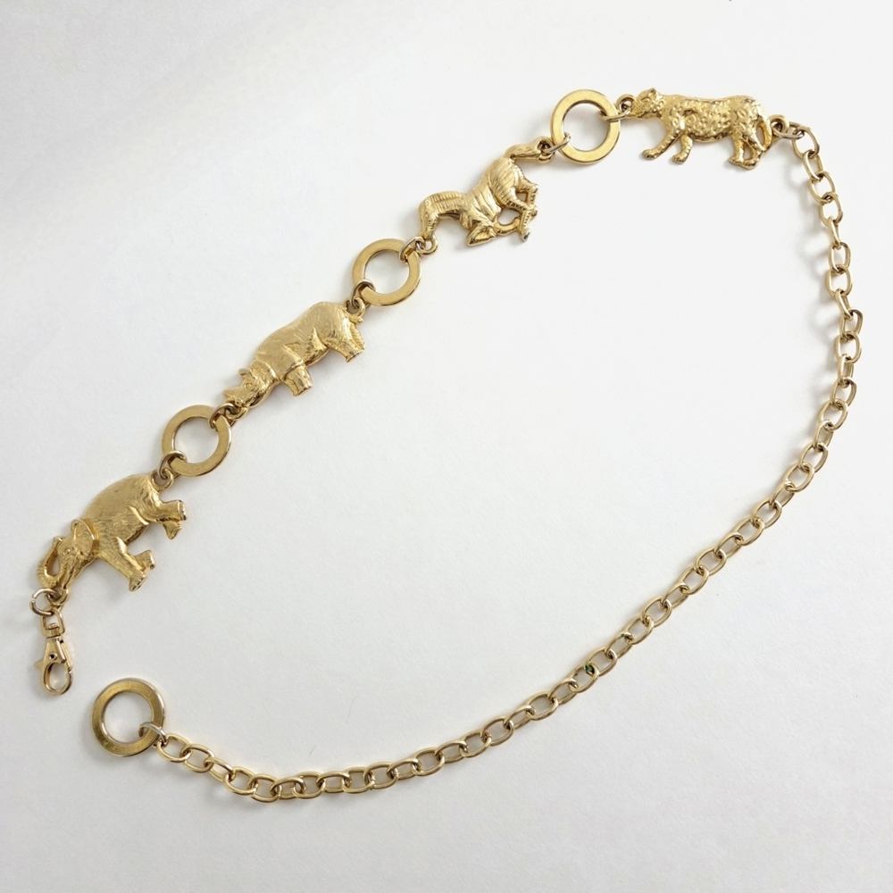 Vintage 80s Gold Tone Metal Animals / Elephant Zebra Rhino Cheetah / Chain Belt - Picture 9 of 10